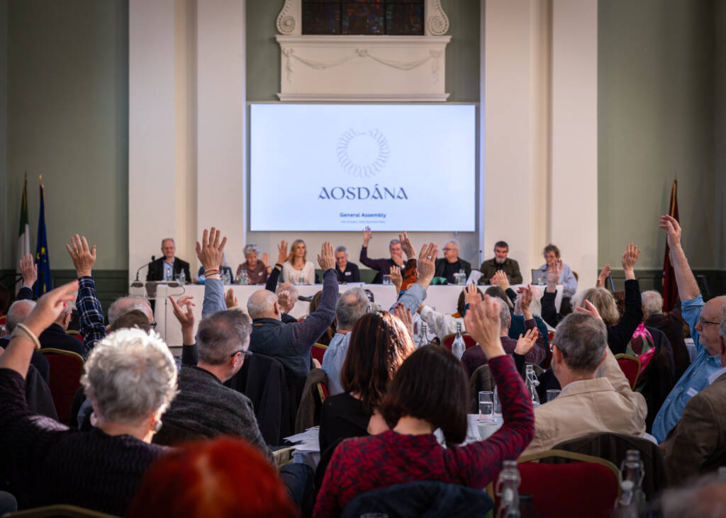 A group of people sit in an indoor room, participating in a conference. Many of the people are raising their hands. At the back of the room is a large screen with the Aosdána logo displayed.
